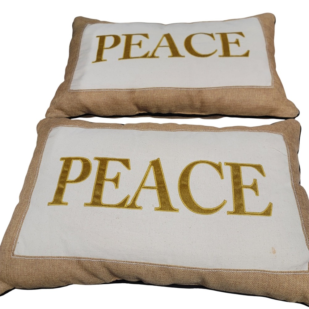 Set/2 Peace Embroidered Throw Pillow‎ Burlap Decorative Accent Cushion Farmhouse